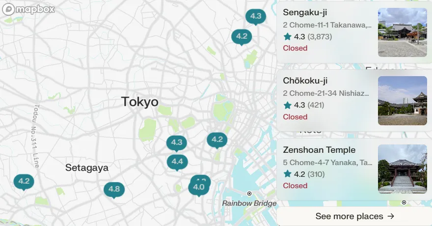Map of Zen meditation temples across Tokyo — showing locations of top zazen spots and meditation centers
