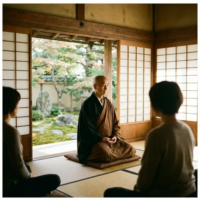 Zen monk providing guided meditation instruction in Tokyo with English translation